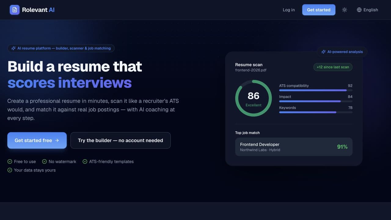 Homepage of Rolevant AI, the resume builder and scanner